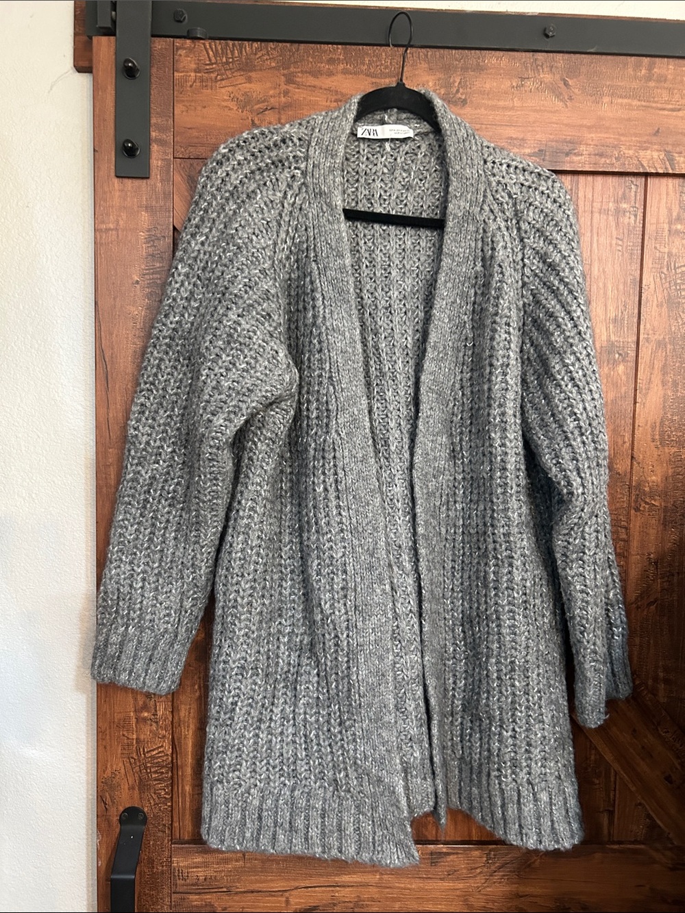 Zara Gray Open-Front Ribbed Knit Cardigan